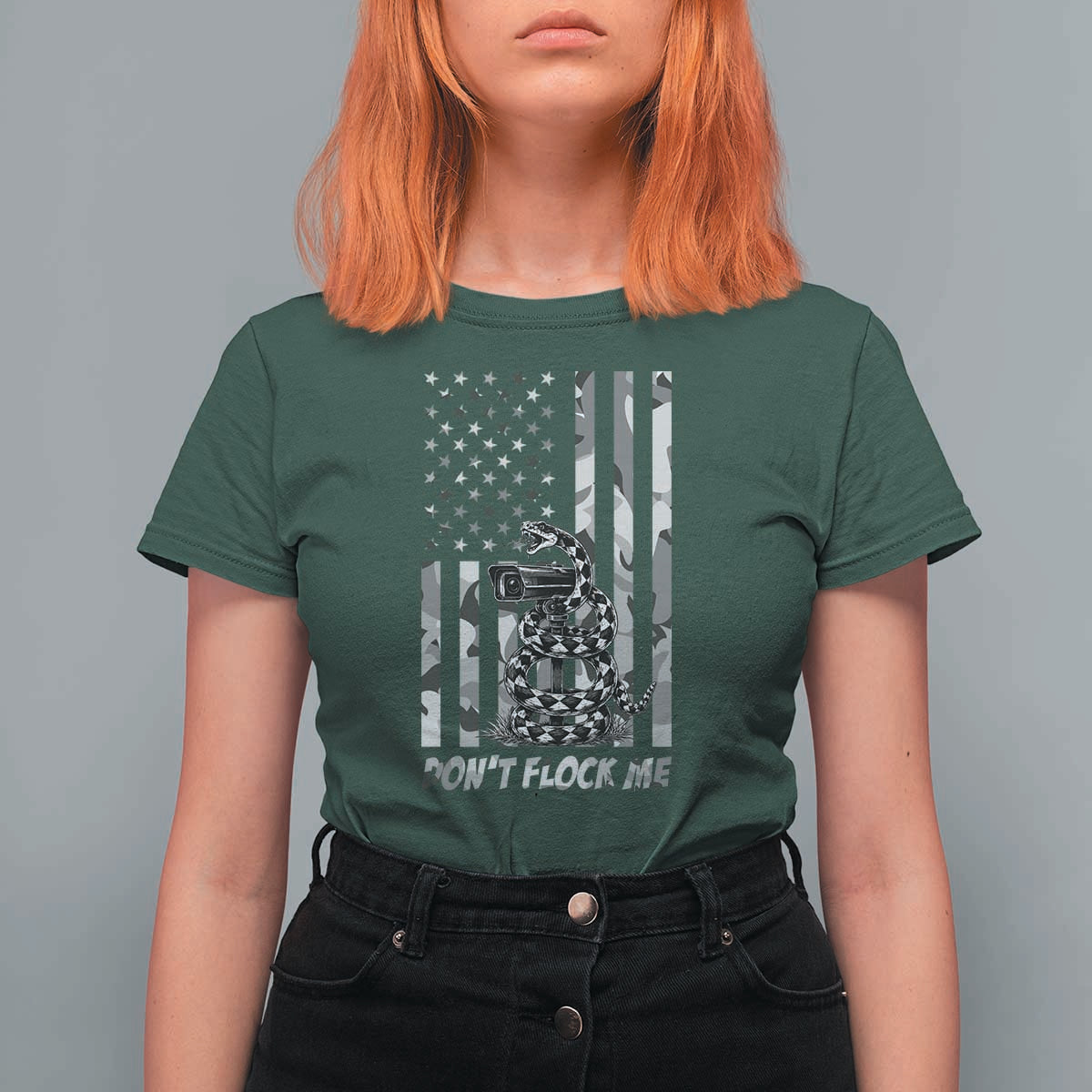 Rattlesnake Surveillance Camera US Flag Camo Graphic T Shirt For Women Dont Flock Me
