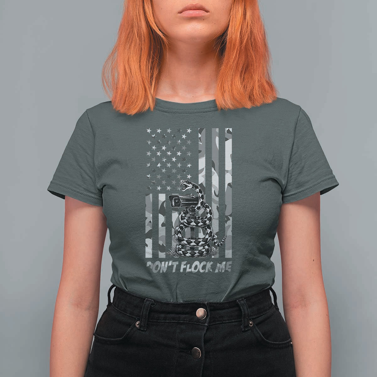 Rattlesnake Surveillance Camera US Flag Camo Graphic T Shirt For Women Dont Flock Me