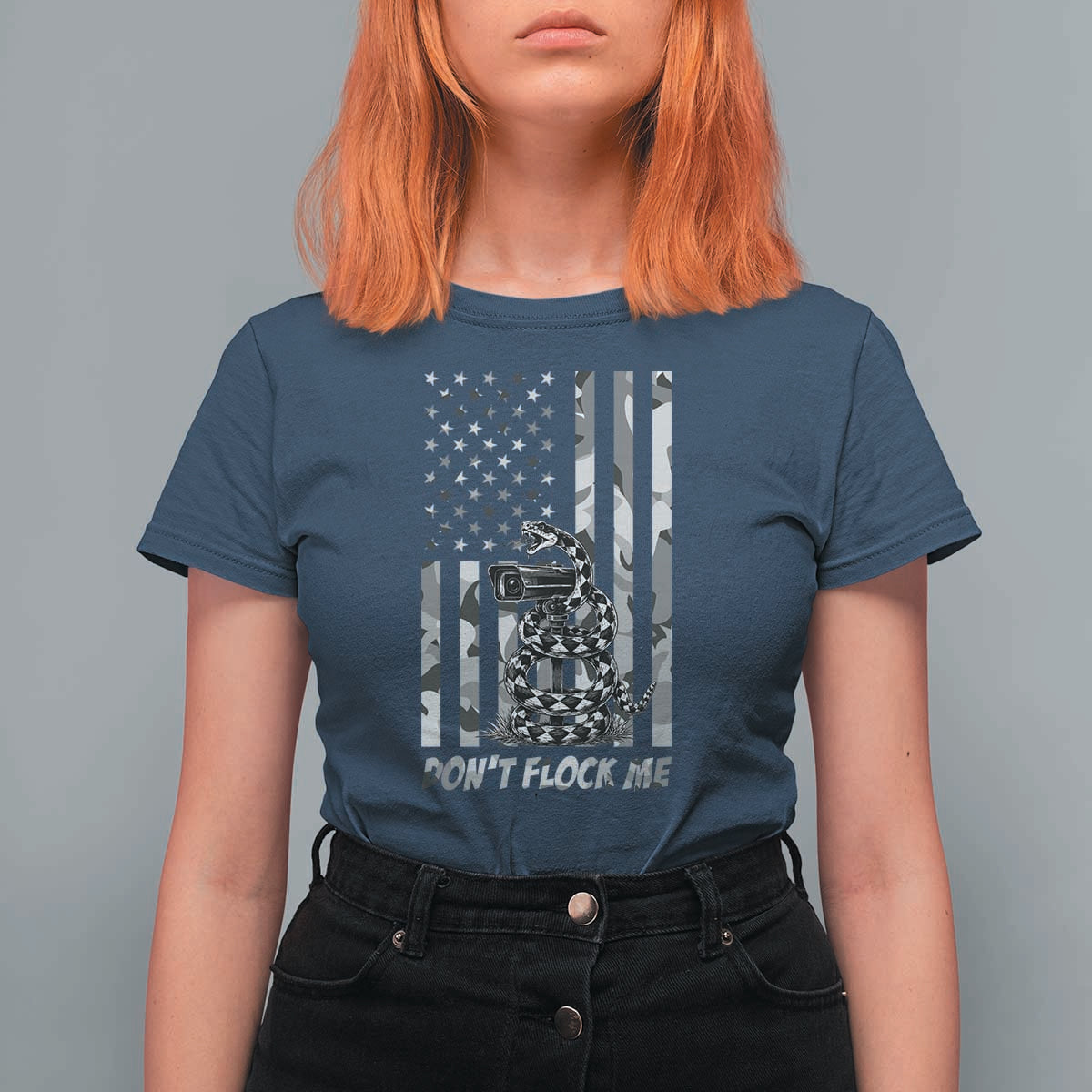 Rattlesnake Surveillance Camera US Flag Camo Graphic T Shirt For Women Dont Flock Me