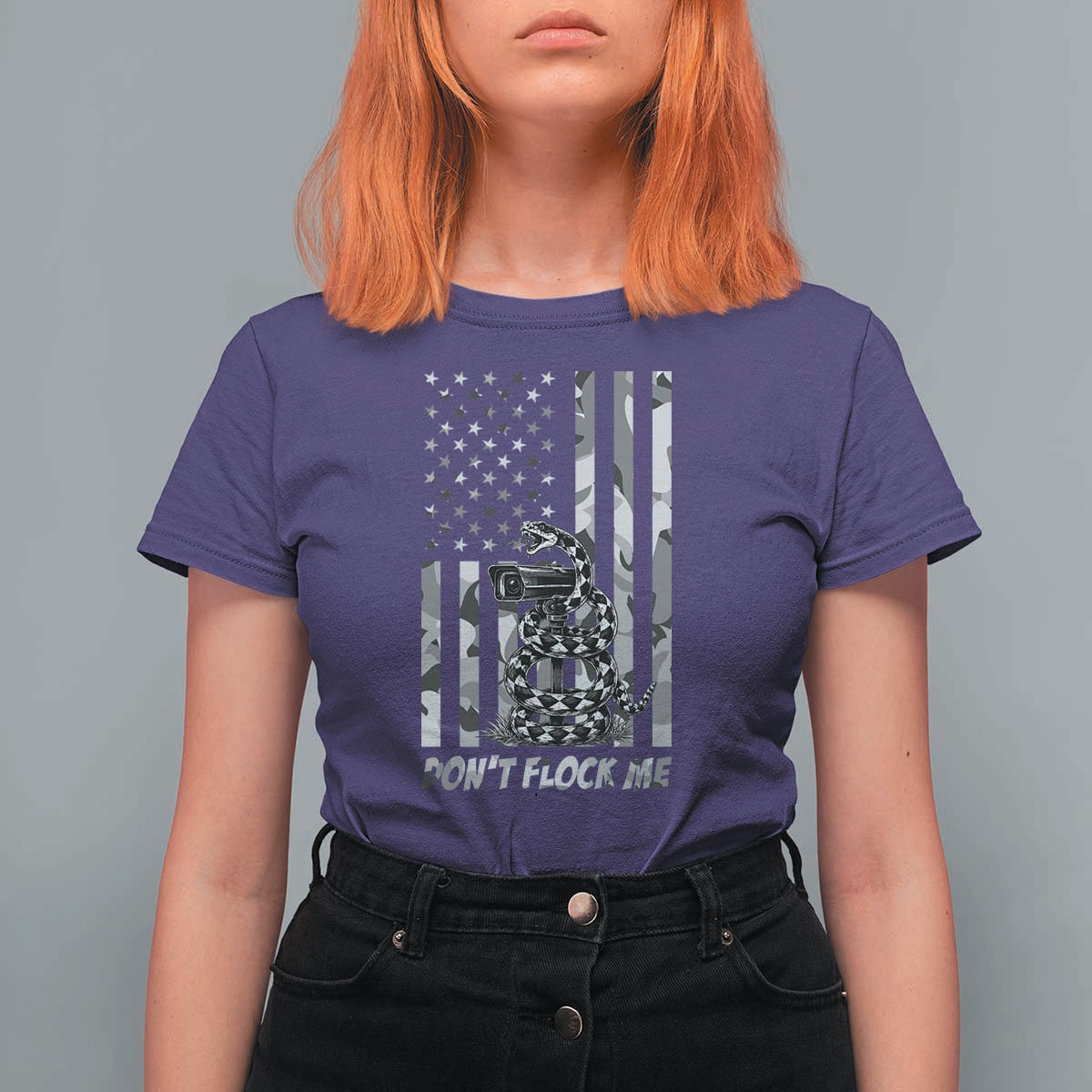 Rattlesnake Surveillance Camera US Flag Camo Graphic T Shirt For Women Dont Flock Me