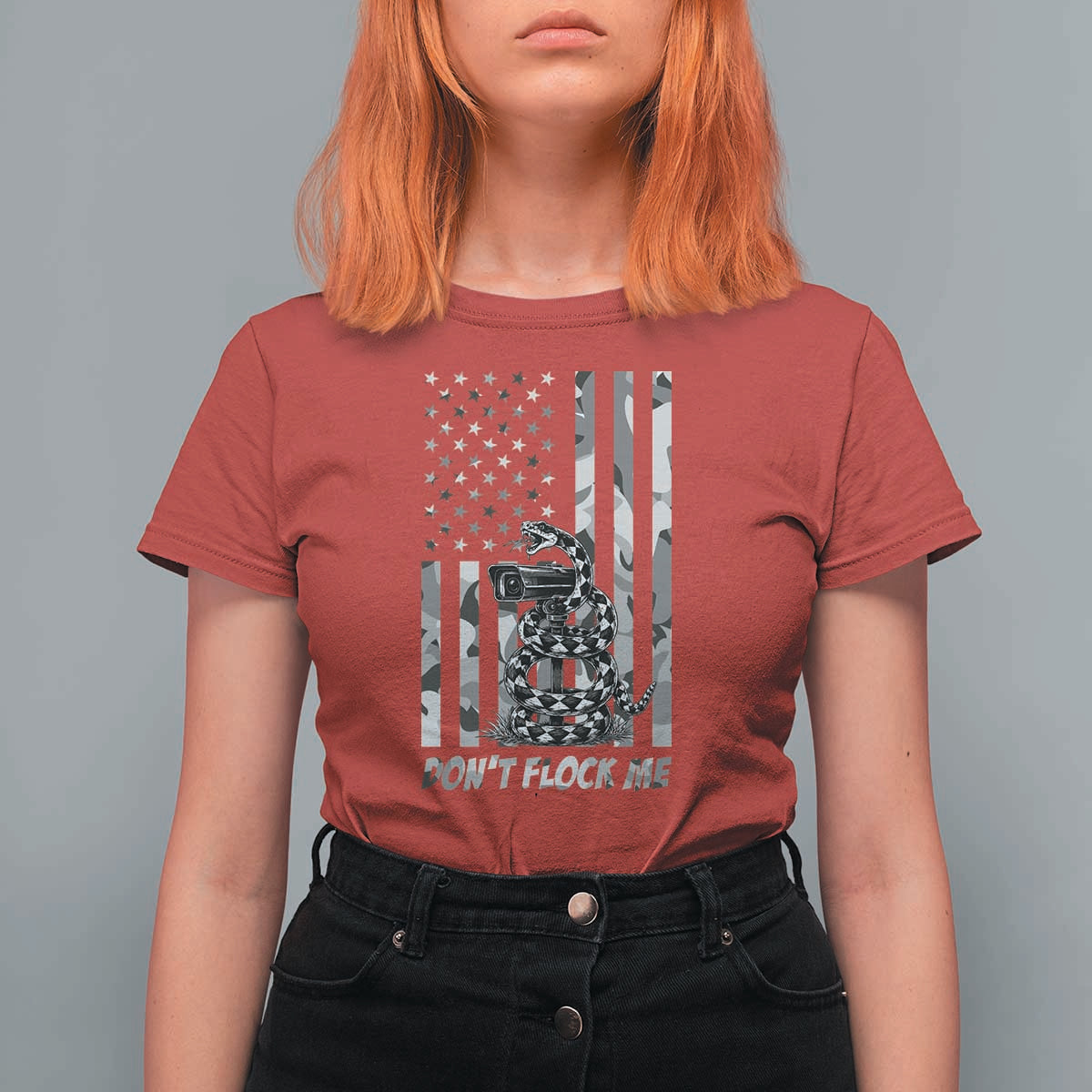Rattlesnake Surveillance Camera US Flag Camo Graphic T Shirt For Women Dont Flock Me