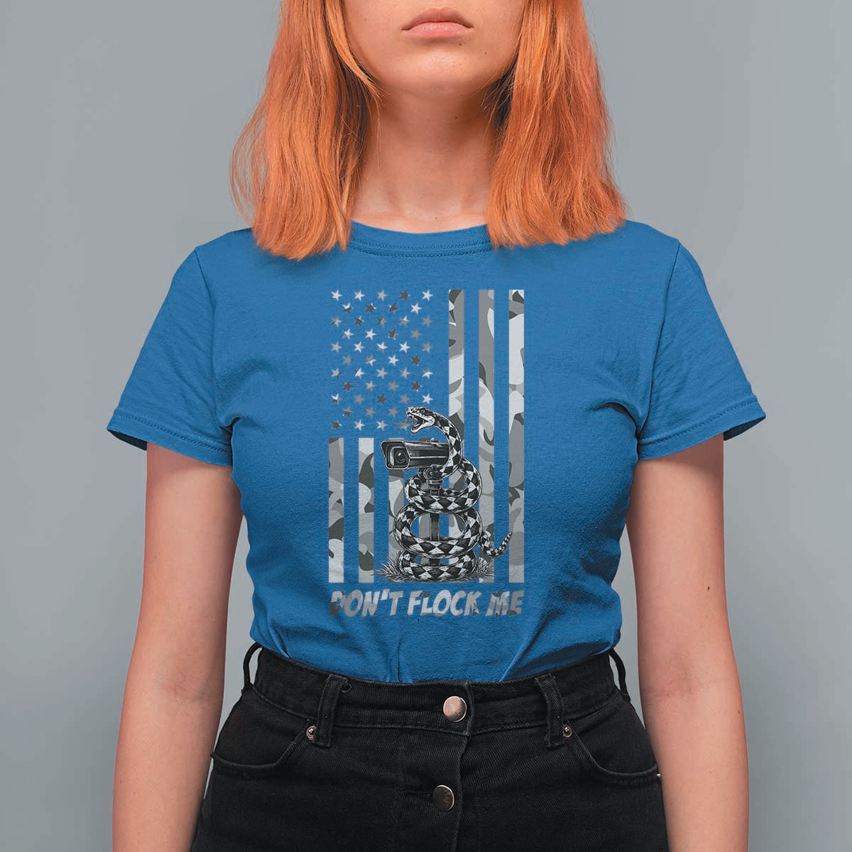 Rattlesnake Surveillance Camera US Flag Camo Graphic T Shirt For Women Dont Flock Me