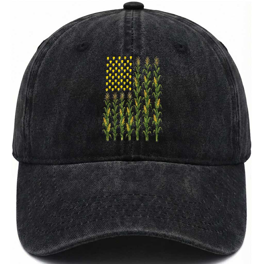 Vintage Corn American Flag Washed Cotton Baseball Cap Patriotic Farmer Farm Gift