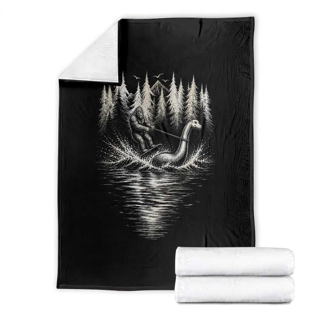 Funny Bigfoot Water Skiing Behind Nessie Throw Blanket Cryptid Lover