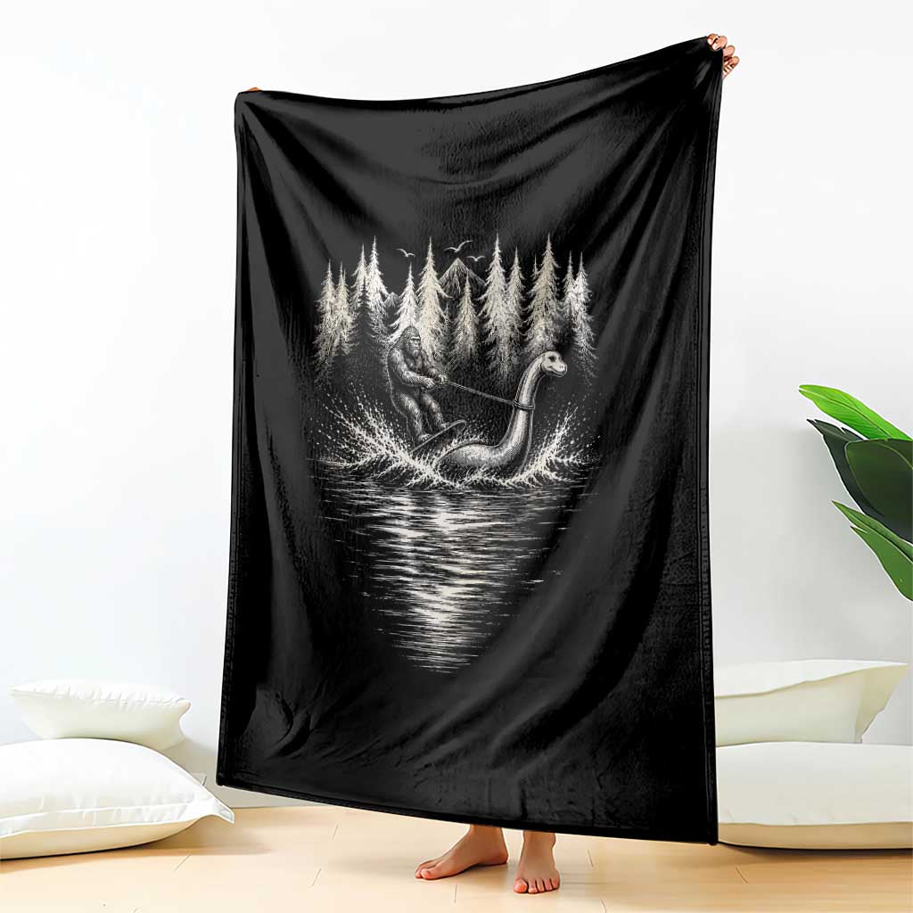 Funny Bigfoot Water Skiing Behind Nessie Throw Blanket Cryptid Lover