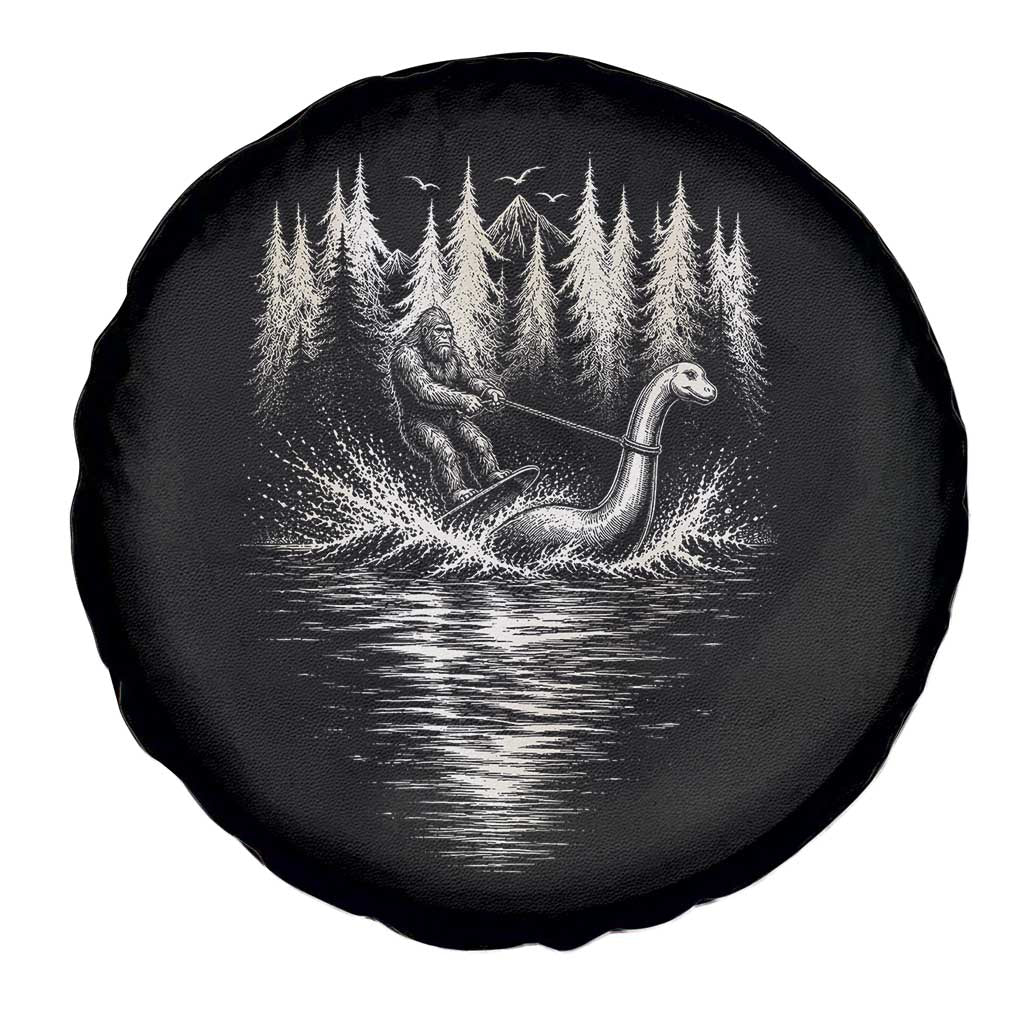 Funny Bigfoot Water Skiing Behind Nessie Spare Tire Cover Cryptid Lover