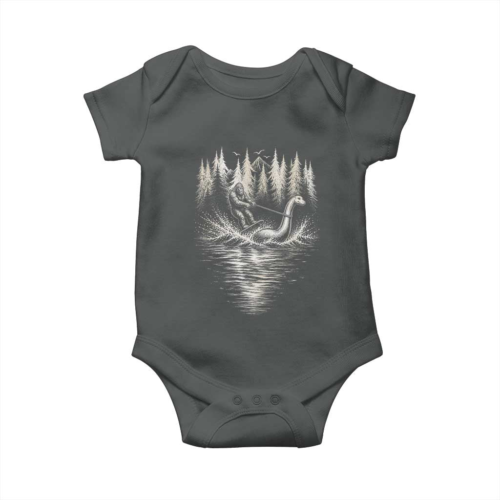 Funny Bigfoot Water Skiing Behind Nessie Baby Onesie Cryptid Lover