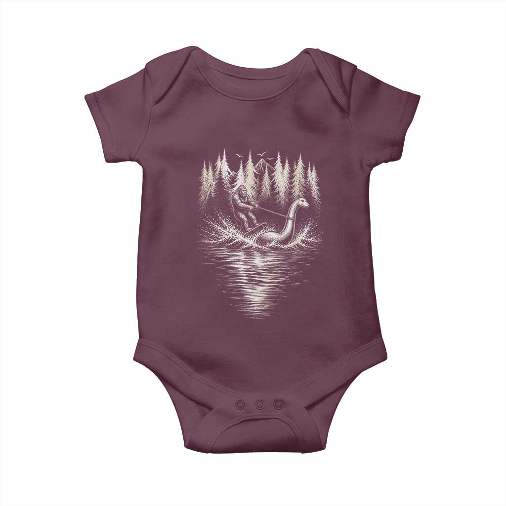 Funny Bigfoot Water Skiing Behind Nessie Baby Onesie Cryptid Lover