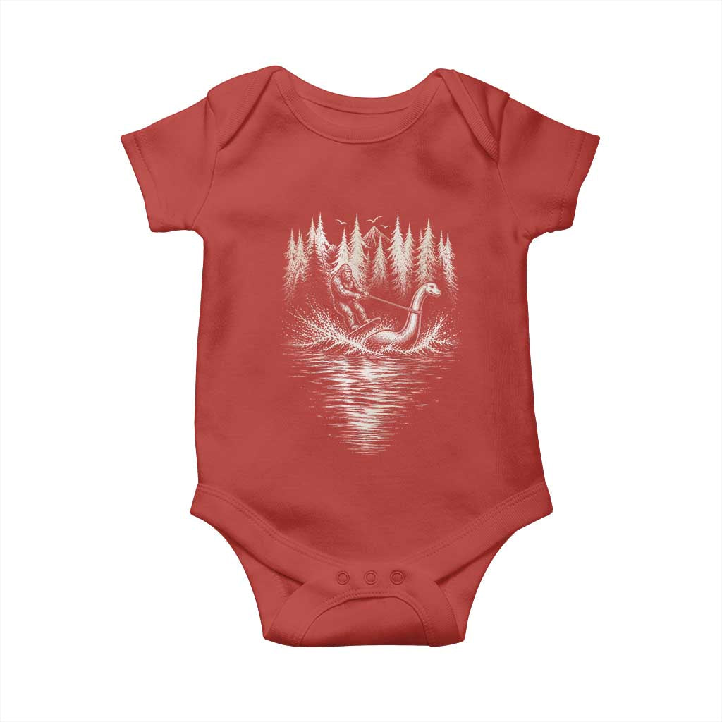 Funny Bigfoot Water Skiing Behind Nessie Baby Onesie Cryptid Lover