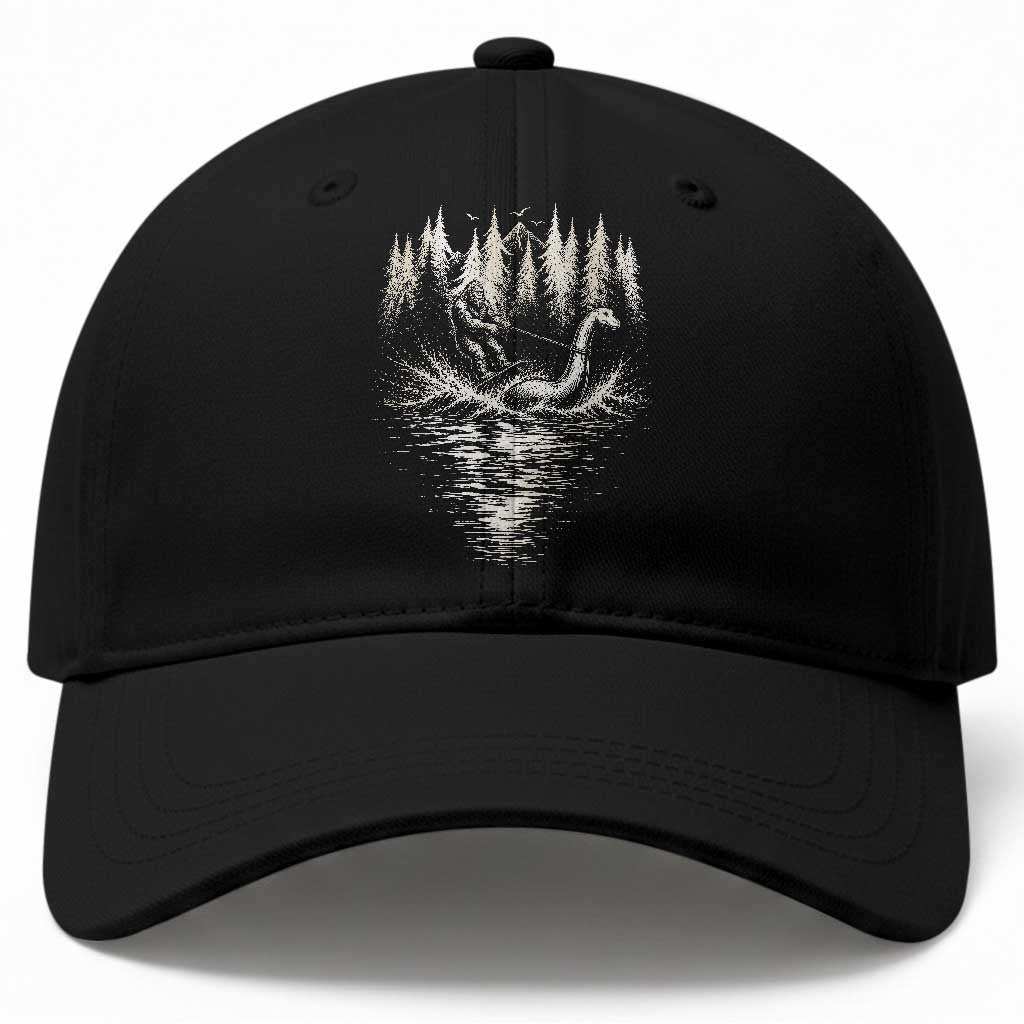 Funny Bigfoot Water Skiing Behind Nessie Baseball Cap Cryptid Lover