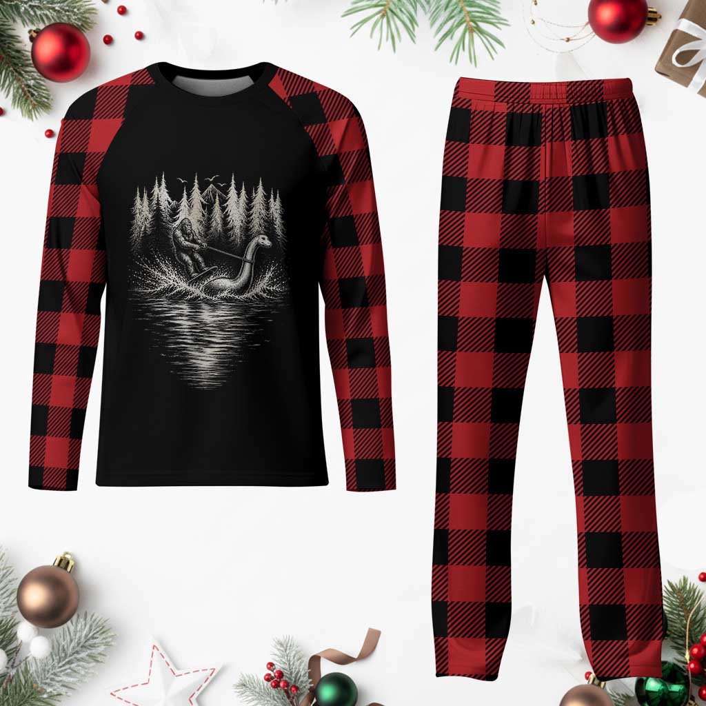 Funny Bigfoot Water Skiing Behind Nessie Plaid Pajama Set Cryptid Lover
