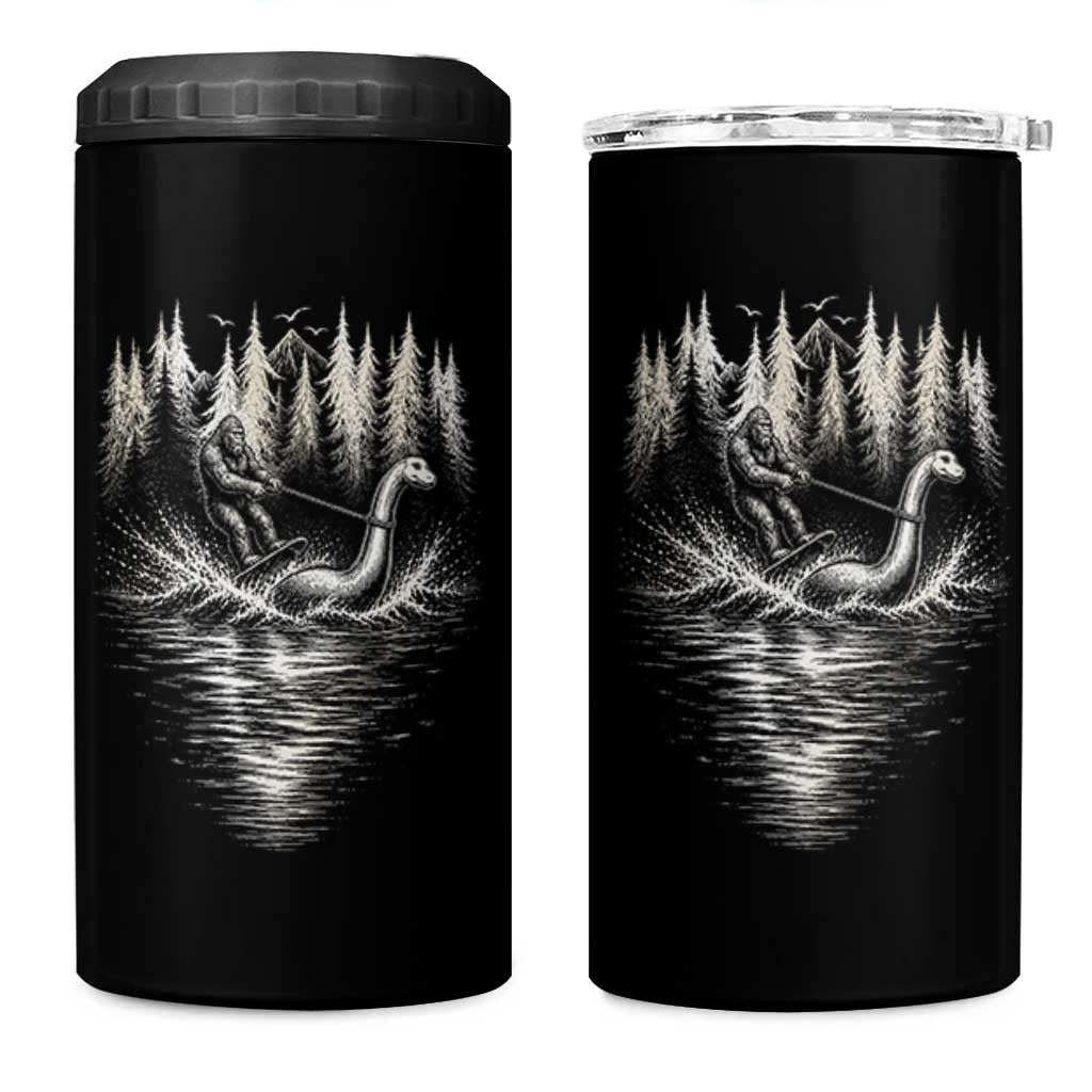 Funny Bigfoot Water Skiing Behind Nessie 4 in 1 Can Cooler Tumbler Cryptid Lover