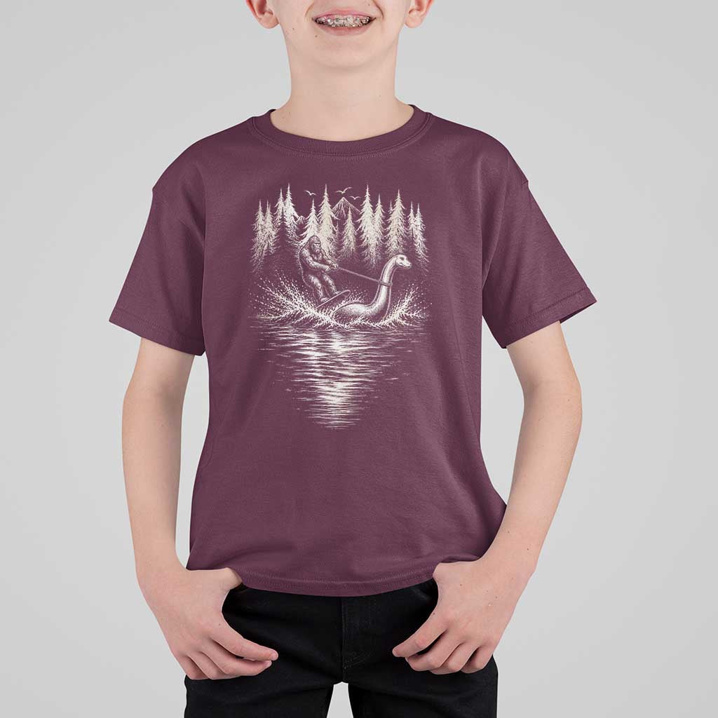 Funny Bigfoot Water Skiing Behind Nessie T Shirt For Kid Cryptid Lover