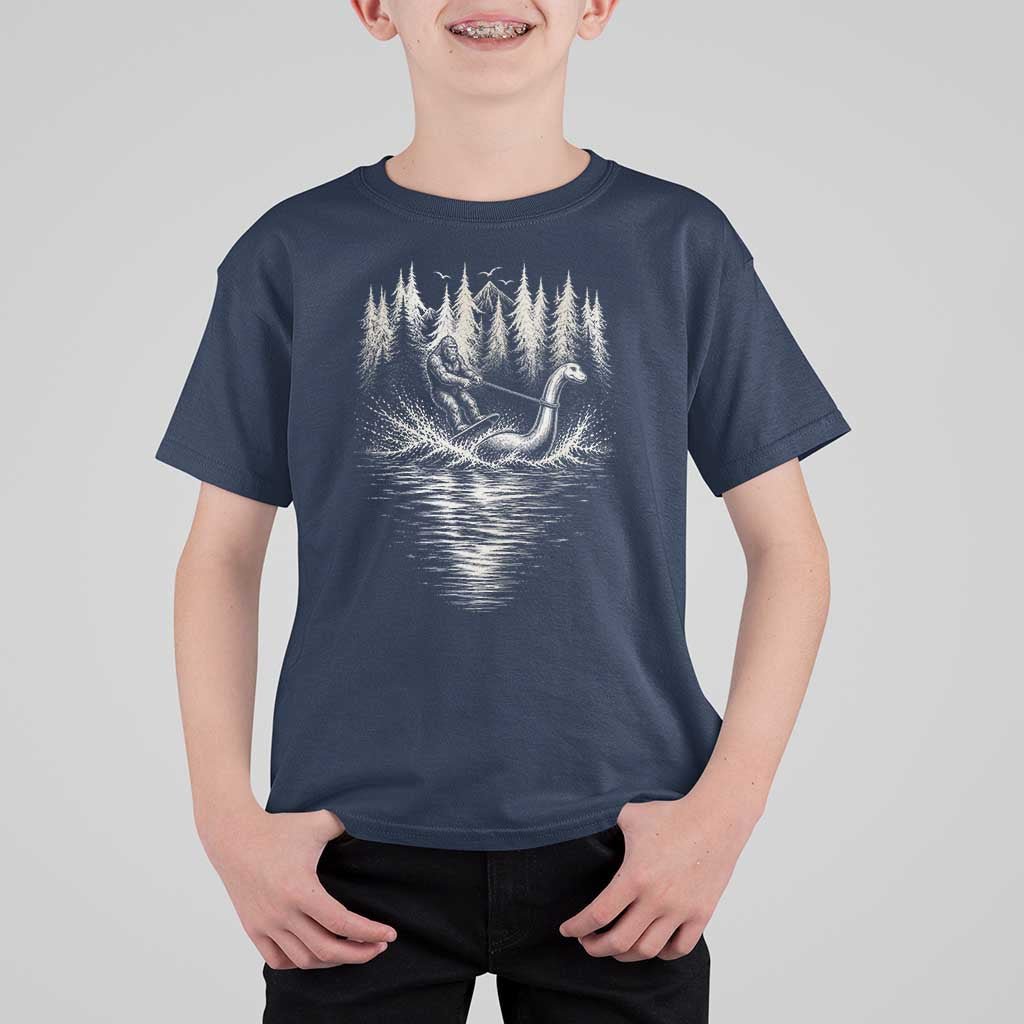 Funny Bigfoot Water Skiing Behind Nessie T Shirt For Kid Cryptid Lover