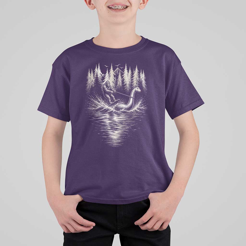 Funny Bigfoot Water Skiing Behind Nessie T Shirt For Kid Cryptid Lover
