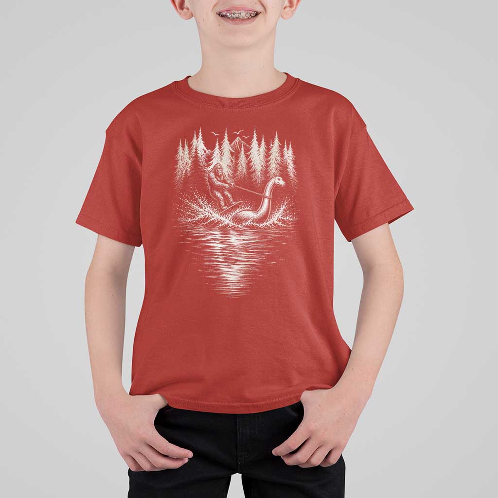 Funny Bigfoot Water Skiing Behind Nessie T Shirt For Kid Cryptid Lover