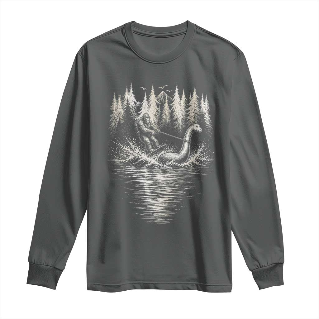 Funny Bigfoot Water Skiing Behind Nessie Long Sleeve Shirt Cryptid Lover