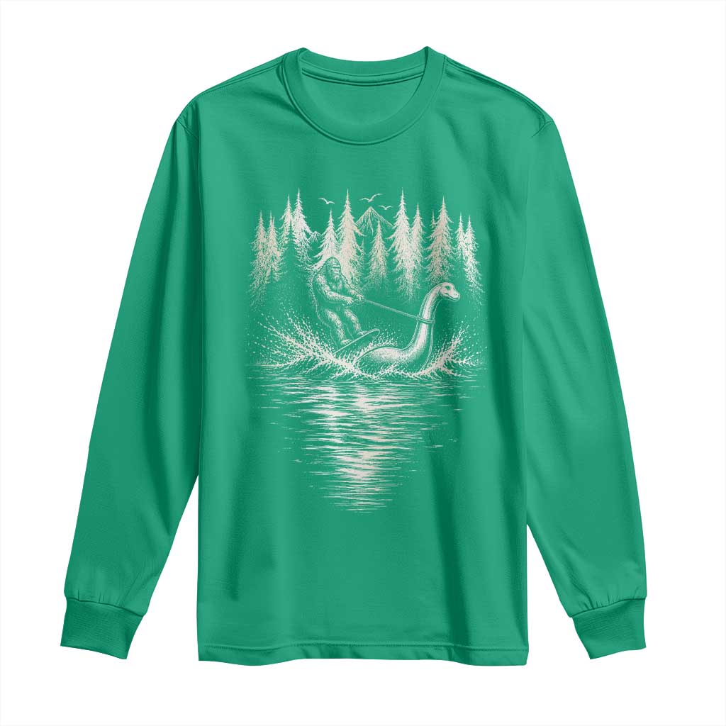 Funny Bigfoot Water Skiing Behind Nessie Long Sleeve Shirt Cryptid Lover