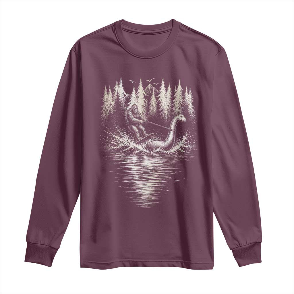 Funny Bigfoot Water Skiing Behind Nessie Long Sleeve Shirt Cryptid Lover