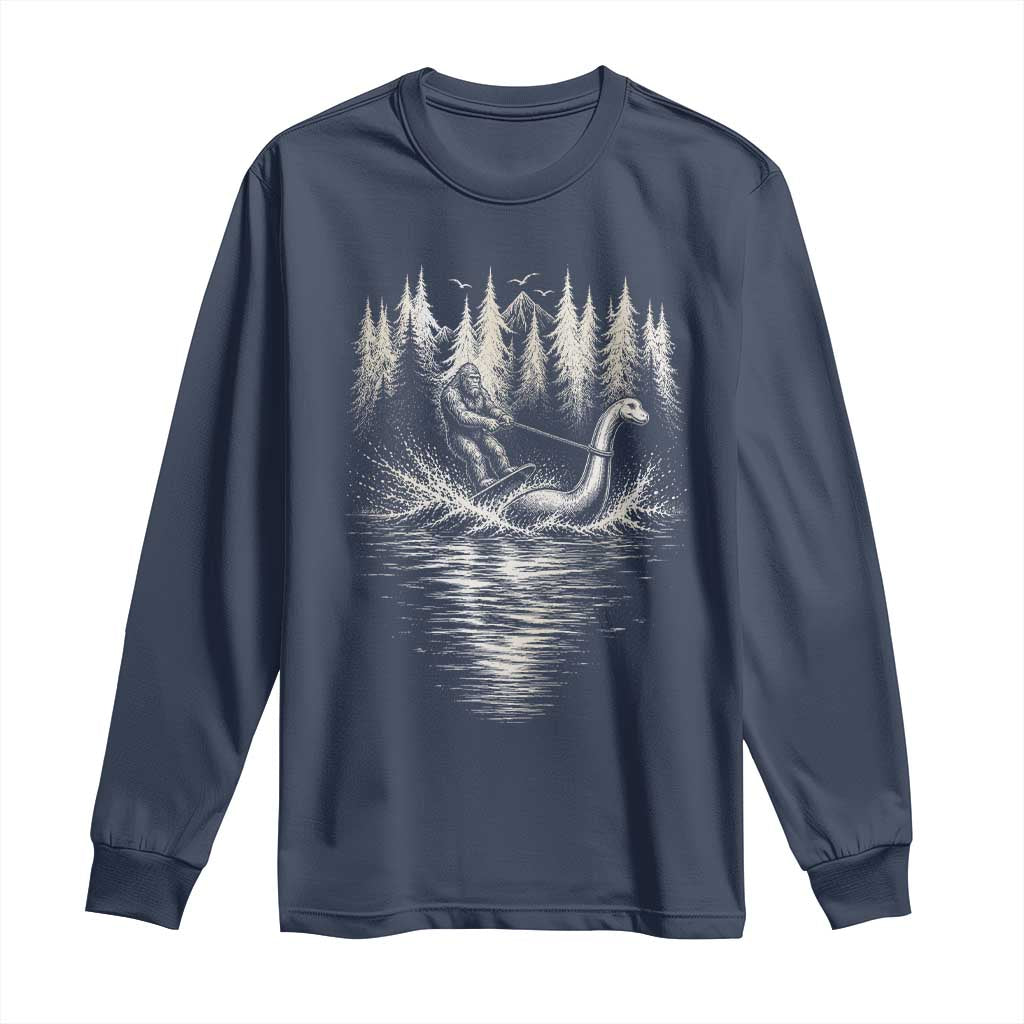 Funny Bigfoot Water Skiing Behind Nessie Long Sleeve Shirt Cryptid Lover