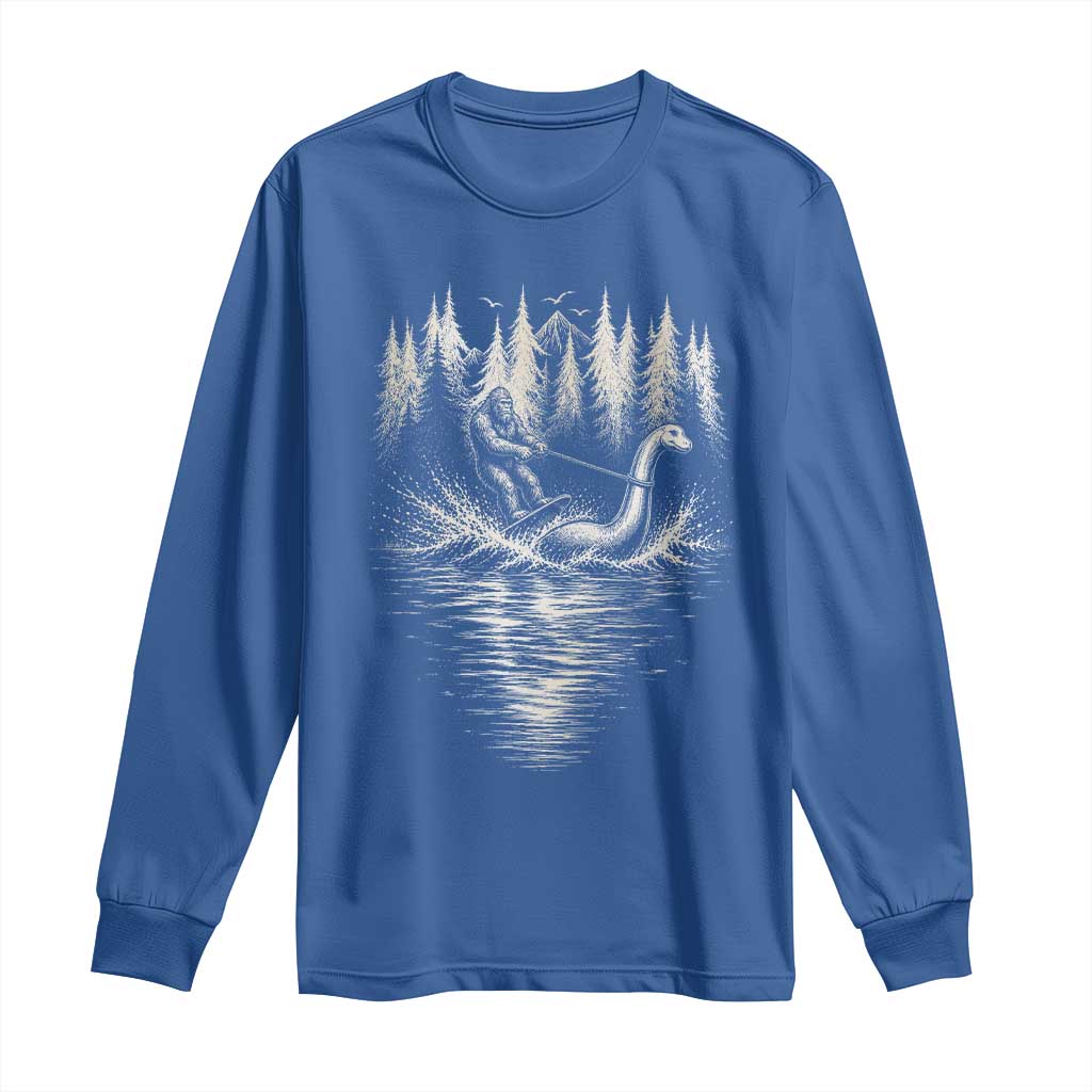 Funny Bigfoot Water Skiing Behind Nessie Long Sleeve Shirt Cryptid Lover