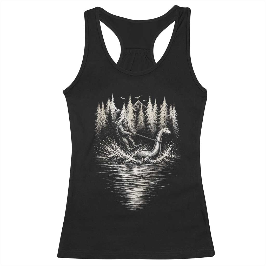 Funny Bigfoot Water Skiing Behind Nessie Racerback Tank Top Cryptid Lover