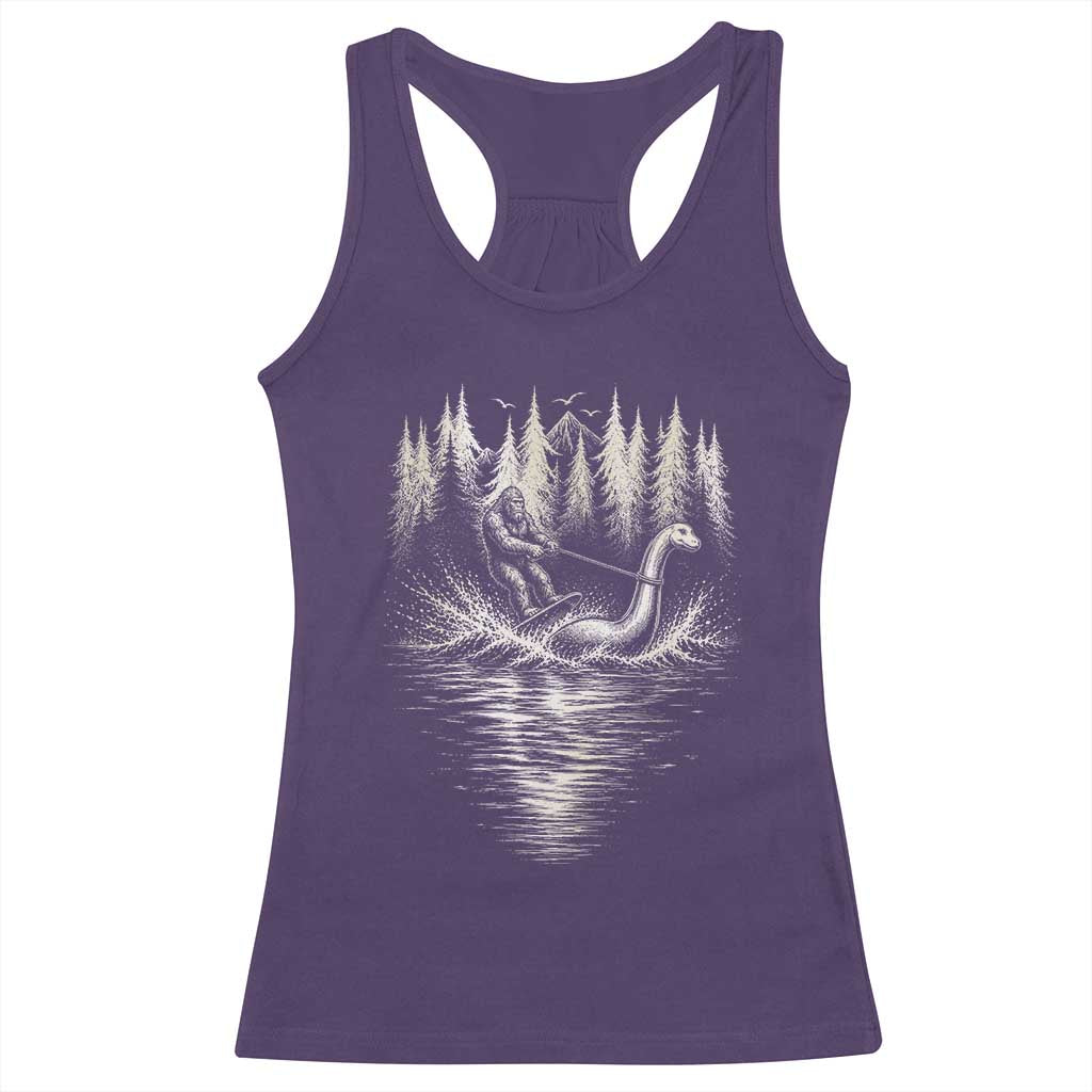 Funny Bigfoot Water Skiing Behind Nessie Racerback Tank Top Cryptid Lover