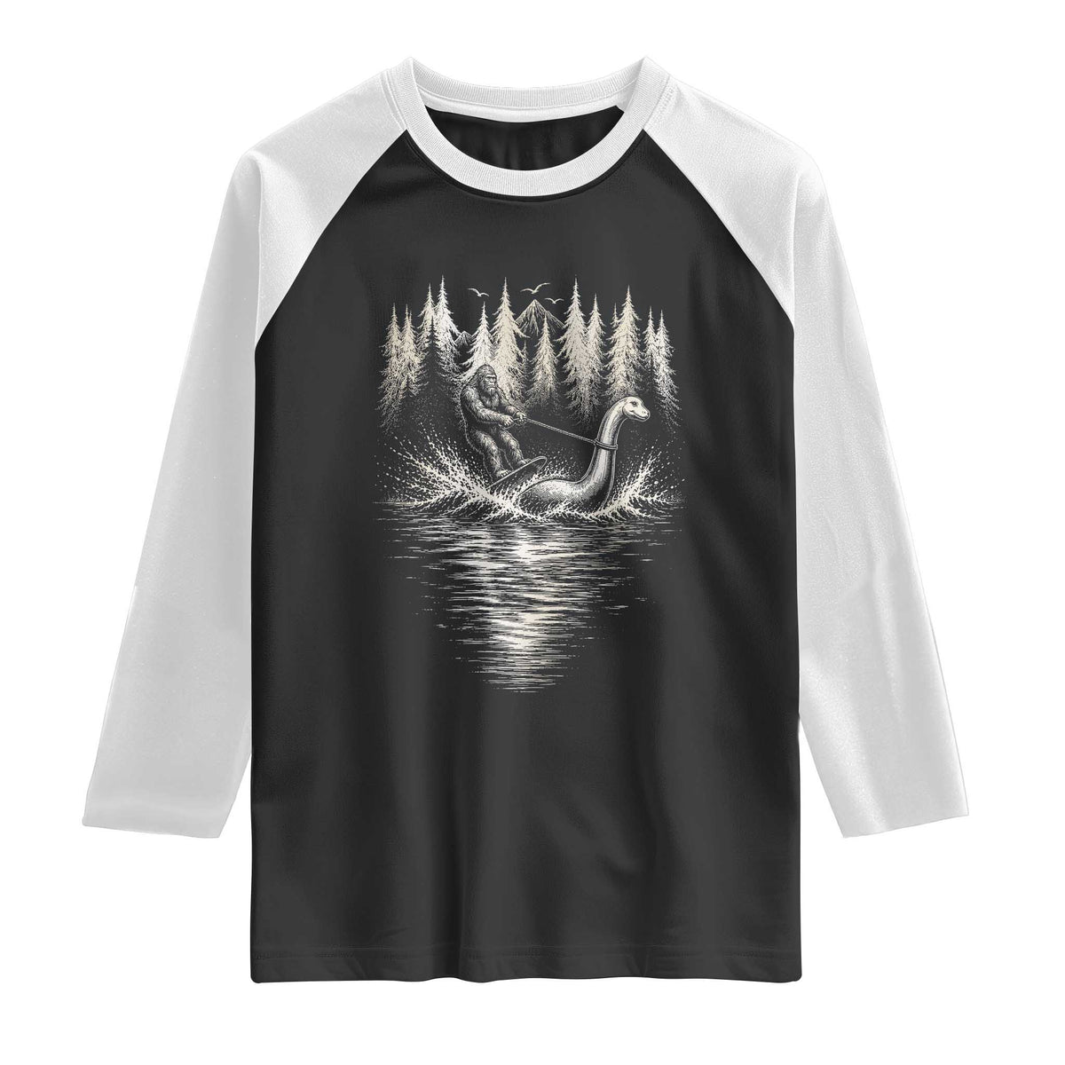 Funny Bigfoot Water Skiing Behind Nessie Raglan Shirt Cryptid Lover