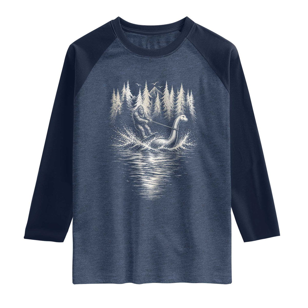 Funny Bigfoot Water Skiing Behind Nessie Raglan Shirt Cryptid Lover