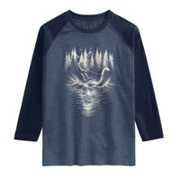 Funny Bigfoot Water Skiing Behind Nessie Raglan Shirt Cryptid Lover