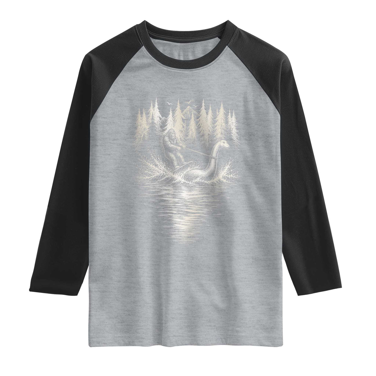 Funny Bigfoot Water Skiing Behind Nessie Raglan Shirt Cryptid Lover