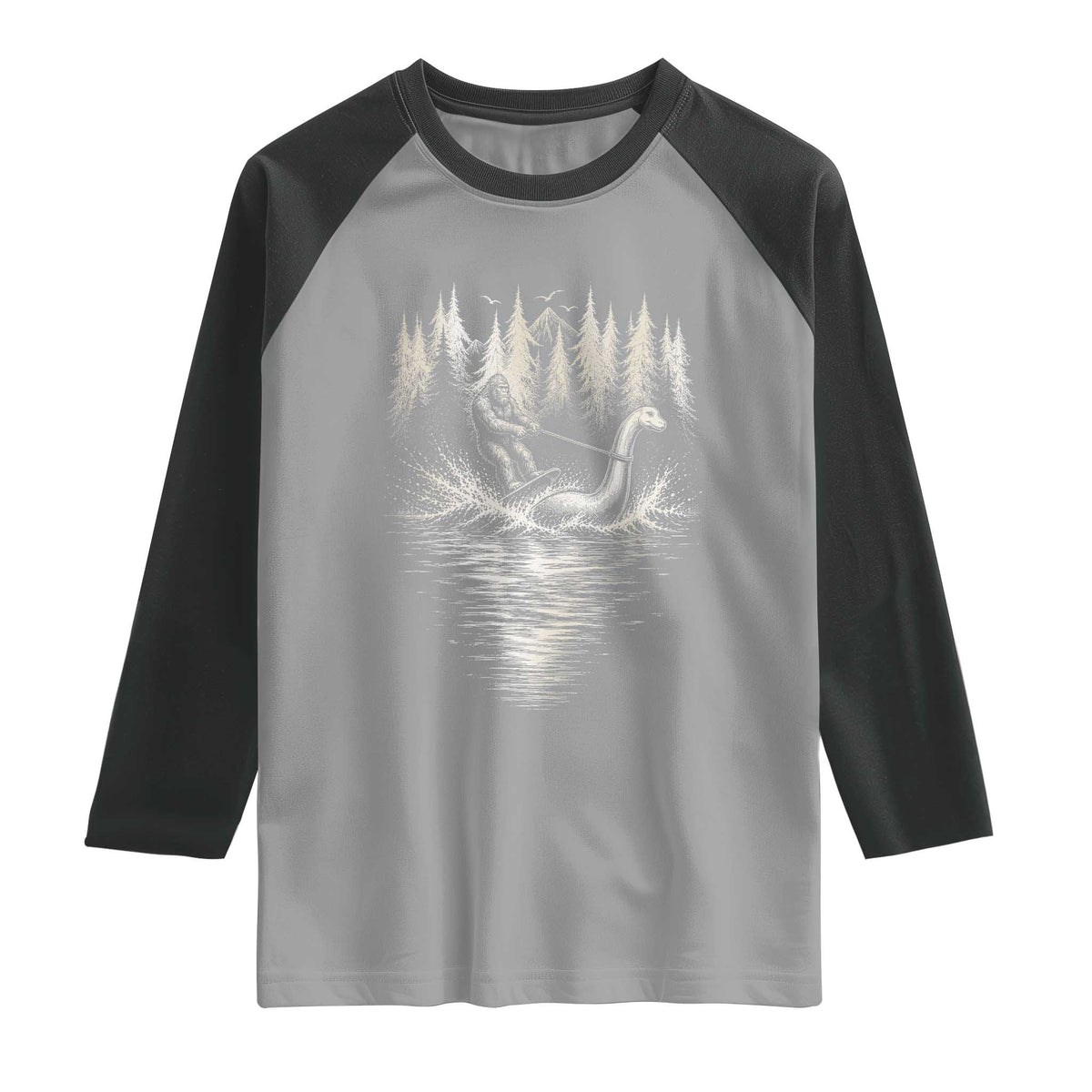 Funny Bigfoot Water Skiing Behind Nessie Raglan Shirt Cryptid Lover
