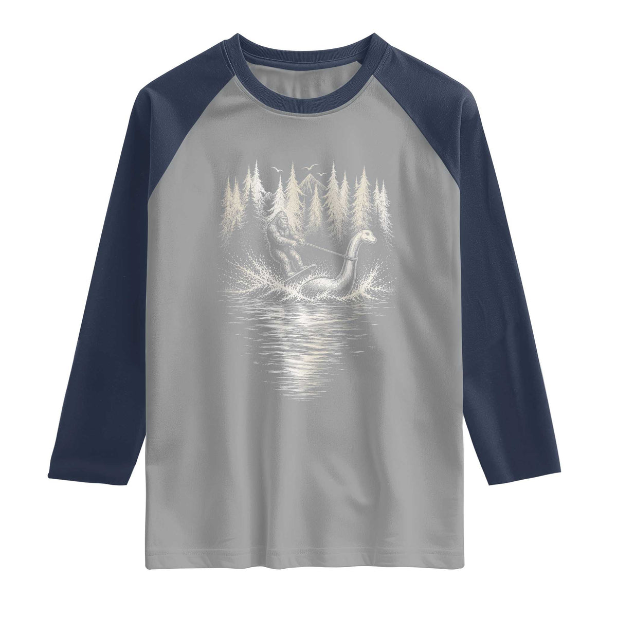 Funny Bigfoot Water Skiing Behind Nessie Raglan Shirt Cryptid Lover