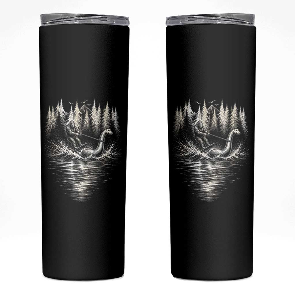 Funny Bigfoot Water Skiing Behind Nessie Skinny Tumbler Cryptid Lover