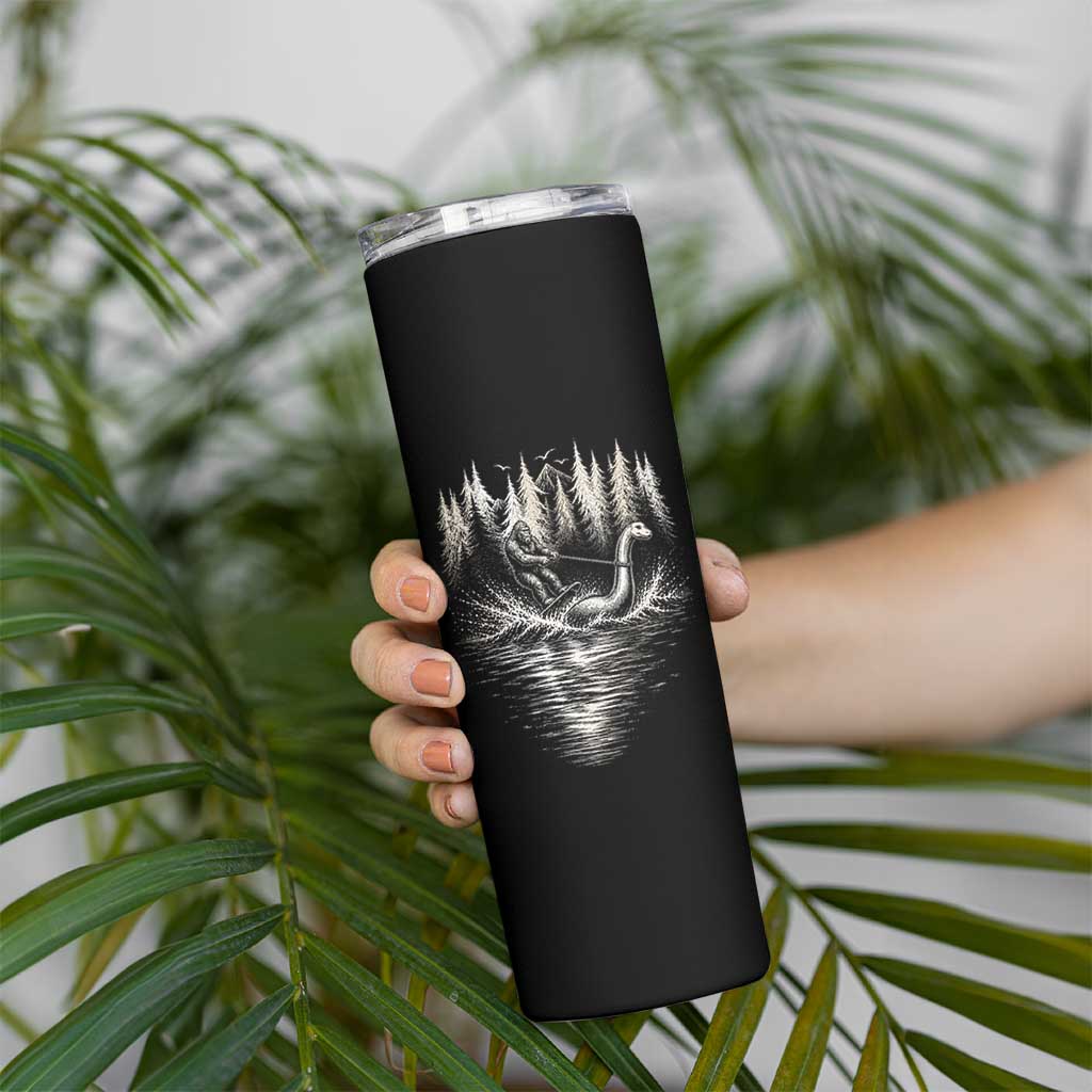Funny Bigfoot Water Skiing Behind Nessie Skinny Tumbler Cryptid Lover