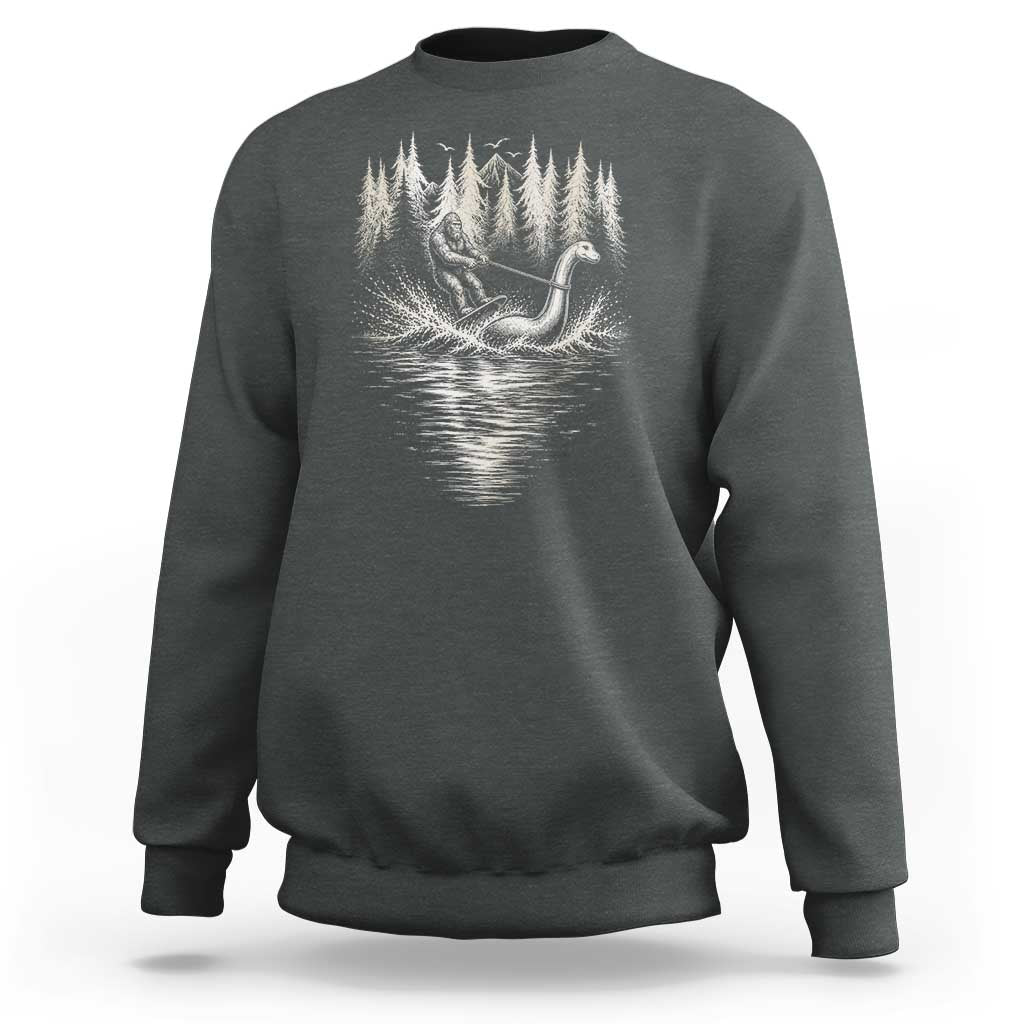 Funny Bigfoot Water Skiing Behind Nessie Sweatshirt Cryptid Lover