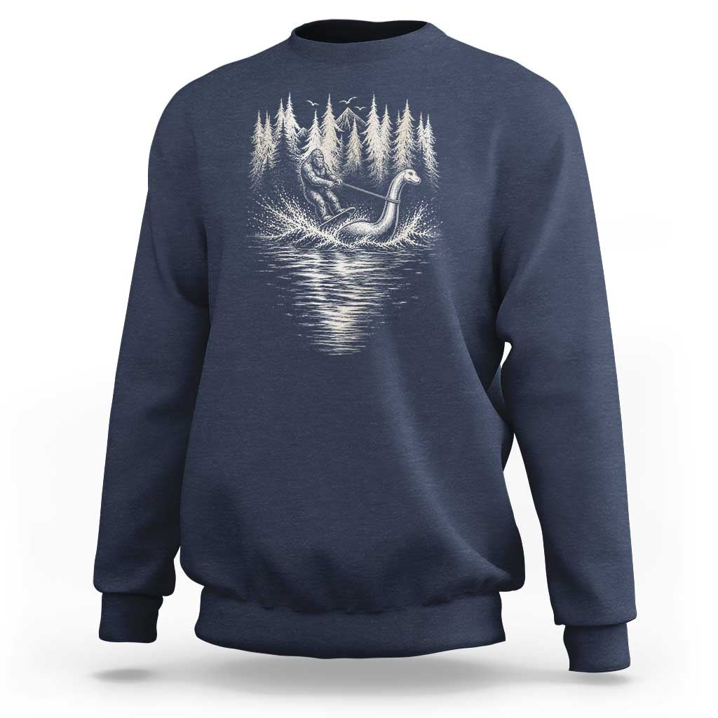 Funny Bigfoot Water Skiing Behind Nessie Sweatshirt Cryptid Lover