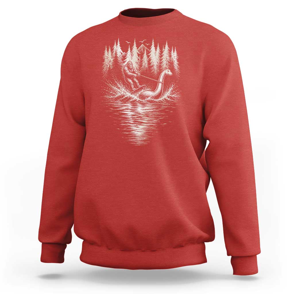 Funny Bigfoot Water Skiing Behind Nessie Sweatshirt Cryptid Lover