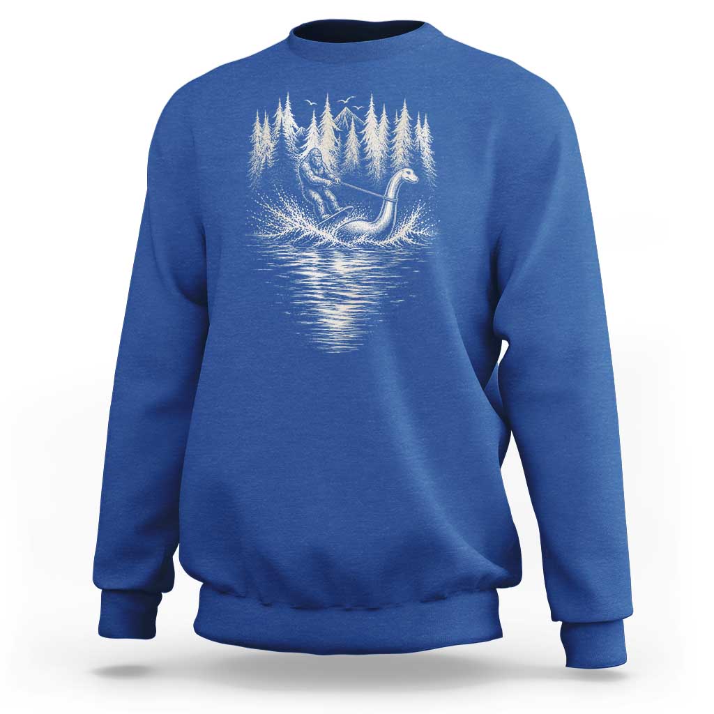 Funny Bigfoot Water Skiing Behind Nessie Sweatshirt Cryptid Lover