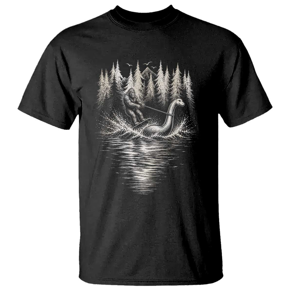 Funny Bigfoot Water Skiing Behind Nessie T Shirt Cryptid Lover