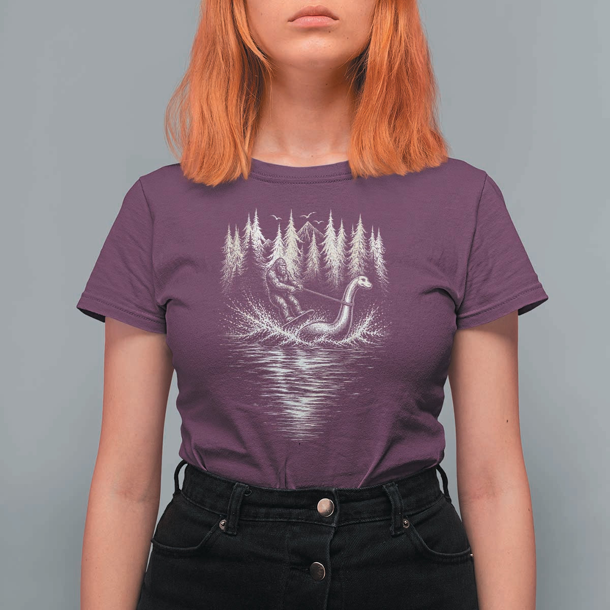 Funny Bigfoot Water Skiing Behind Nessie T Shirt For Women Cryptid Lover