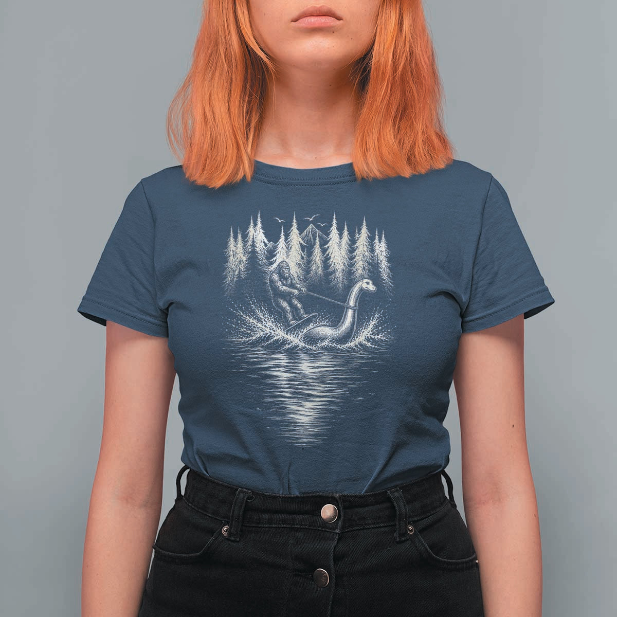 Funny Bigfoot Water Skiing Behind Nessie T Shirt For Women Cryptid Lover