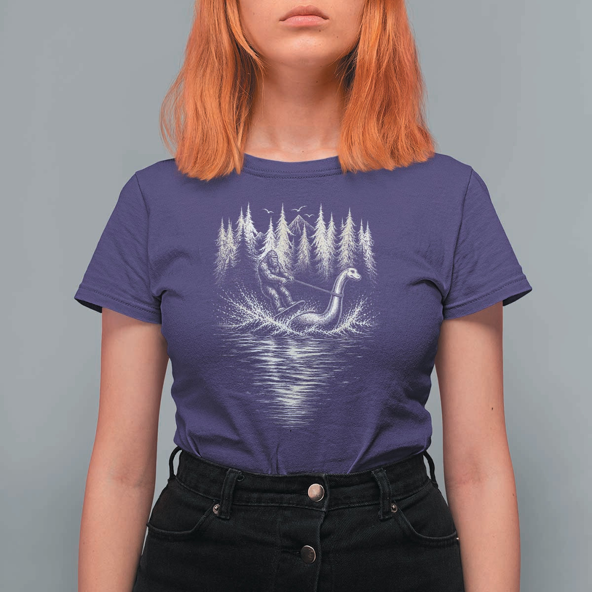 Funny Bigfoot Water Skiing Behind Nessie T Shirt For Women Cryptid Lover