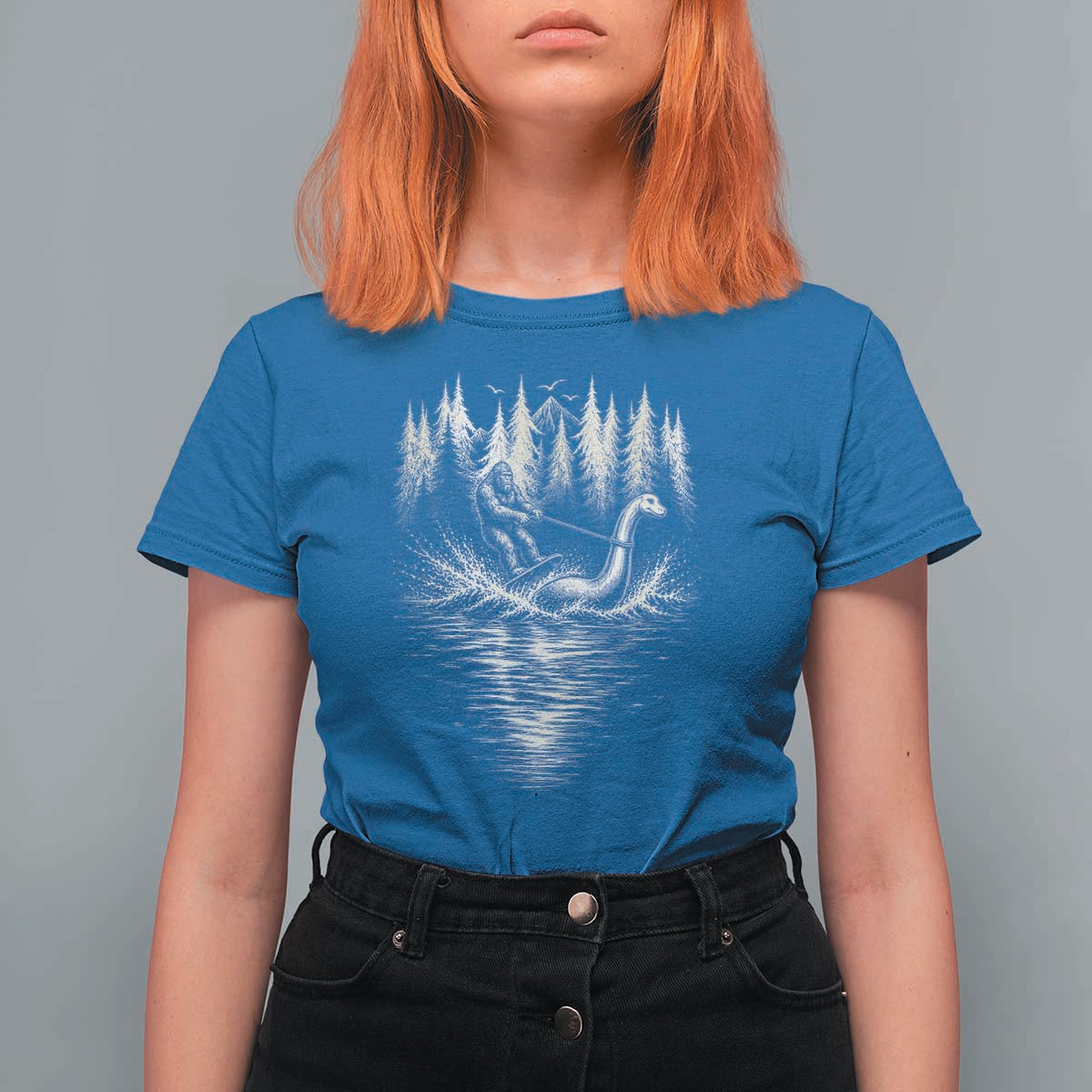 Funny Bigfoot Water Skiing Behind Nessie T Shirt For Women Cryptid Lover