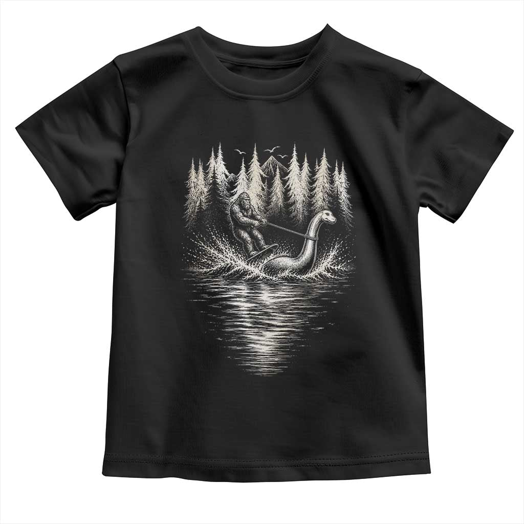 Funny Bigfoot Water Skiing Behind Nessie Toddler T Shirt Cryptid Lover