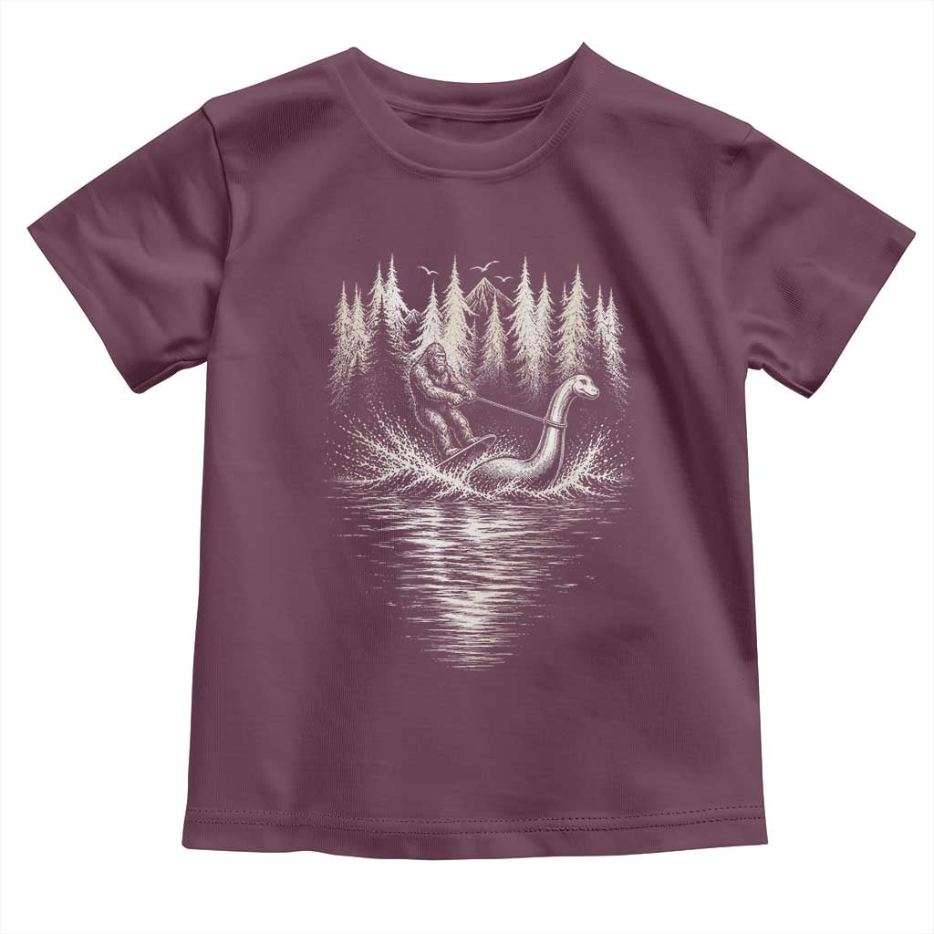 Funny Bigfoot Water Skiing Behind Nessie Toddler T Shirt Cryptid Lover