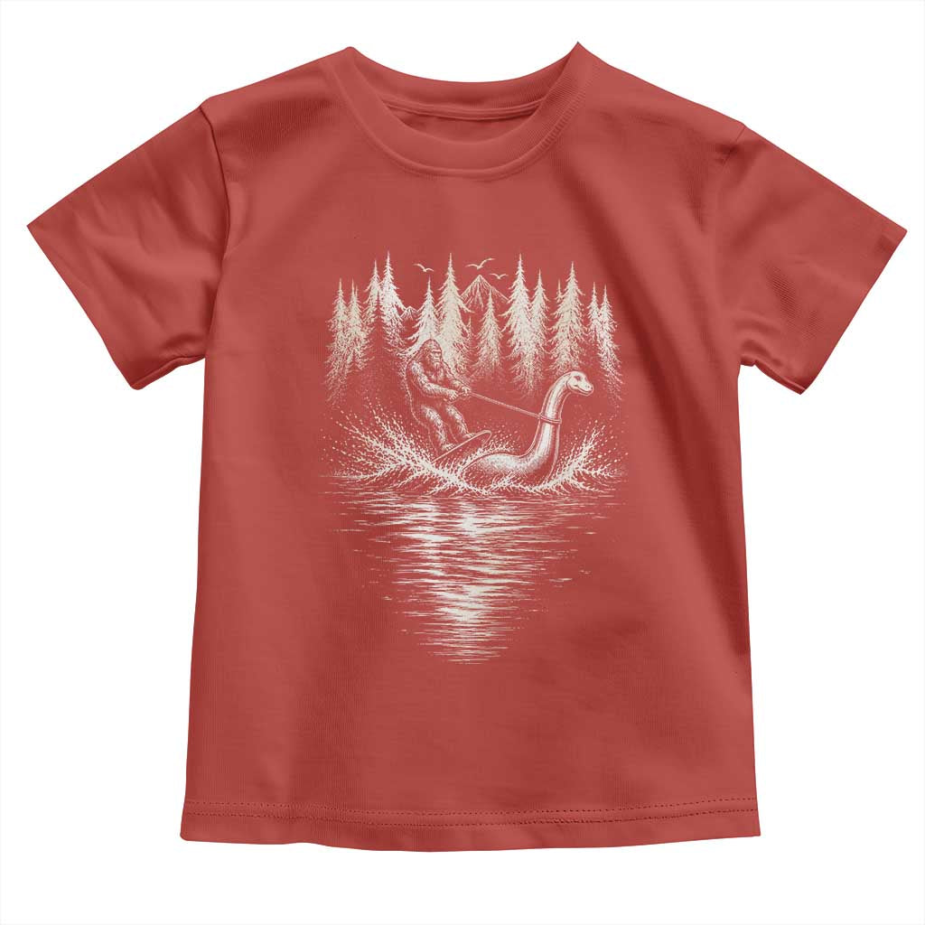 Funny Bigfoot Water Skiing Behind Nessie Toddler T Shirt Cryptid Lover