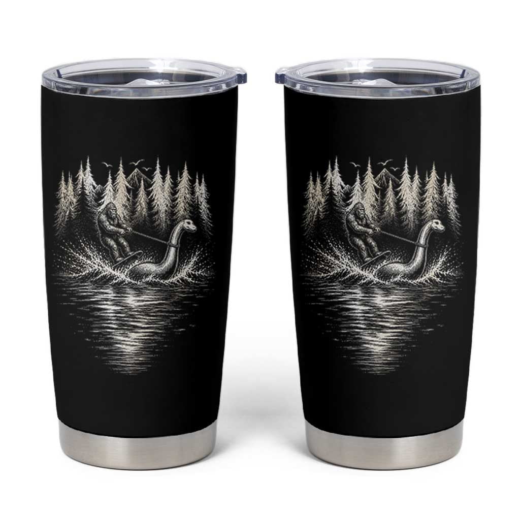 Funny Bigfoot Water Skiing Behind Nessie Tumbler Cup Cryptid Lover