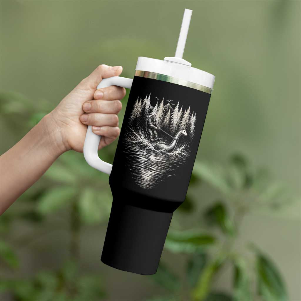 Funny Bigfoot Water Skiing Behind Nessie Tumbler With Handle Cryptid Lover