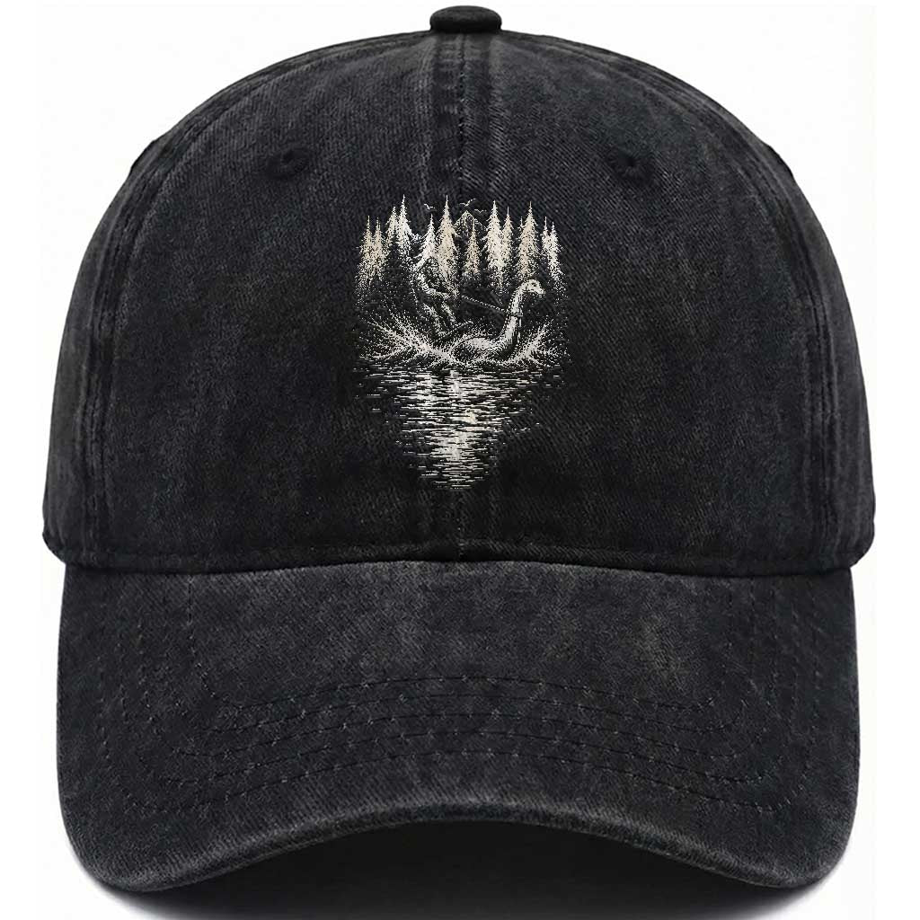 Funny Bigfoot Water Skiing Behind Nessie Washed Cotton Baseball Cap Cryptid Lover
